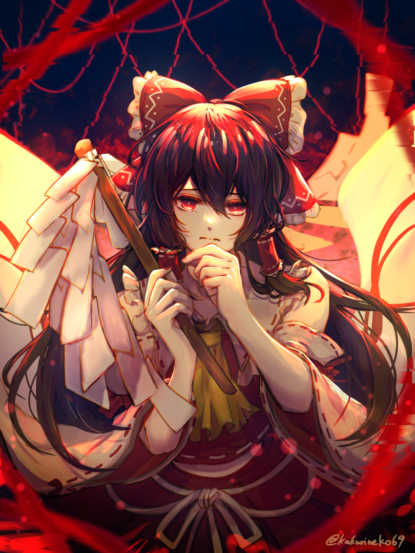 1girl, absurdres, ascot, bow, brown_hair, closed_mouth, collared_vest, commentary, detached_sleeves, fingernails, frilled_bow, frilled_hair_tubes, frilled_shirt_collar, frills, frown, gohei, hair_between_eyes, hair_bow, hair_tubes, hakurei_reimu, hands_up, highres, holding, holding_gohei, long_hair, looking_at_viewer, nail_polish, red_bow, red_eyes, red_nails, red_skirt, red_vest, ribbon-trimmed_sleeves, ribbon_trim, shikanoyo, sidelocks, skirt, solo, touhou, upper_body, vest, white_sleeves, wide_sleeves, yellow_ascot