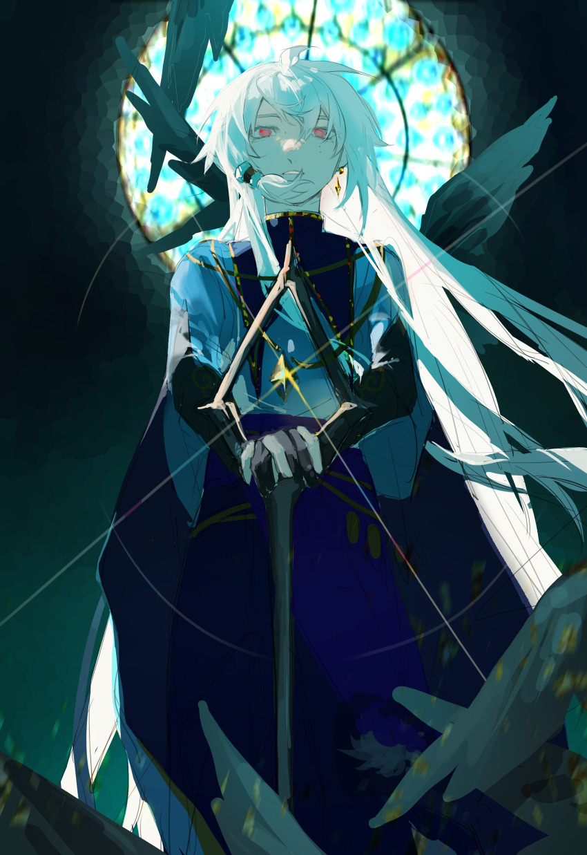 1boy, absurdres, cape, earrings, grey_hair, highres, holding, holding_weapon, jewelry, looking_at_viewer, male_focus, minfand, original_(sky:_children_of_the_light), red_eyes, sidelocks, sky:_children_of_the_light, solo, standing, weapon