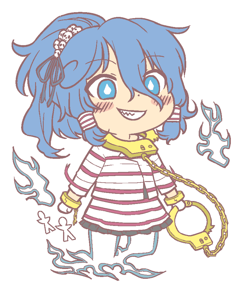1girl, anonymous_(japanese), blue_eyes, blue_hair, blush, chain, cuffs, dark_blue_hair