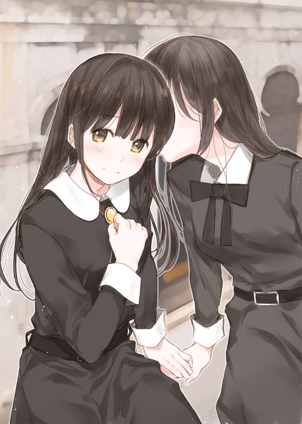 2girls, black_bow, black_bowtie, black_dress, black_hair, blurry, blurry_background, bow