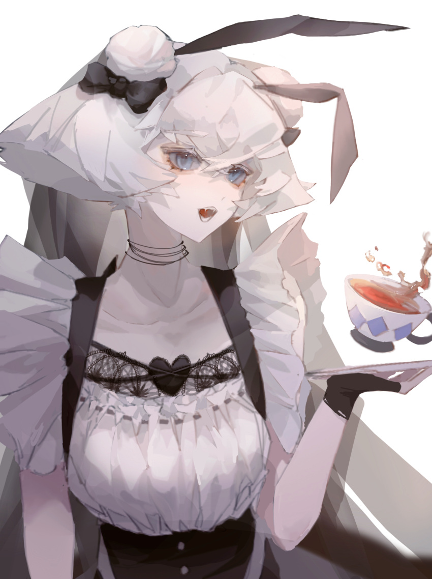 1girl, black_tea, blue_eyes, bob_cut, cup, daleth_(sky:_children_of_the_light), echo226855, fingerless_gloves, gloves, grey_hair, highres, inverted_bob, lace, looking_at_viewer, maid, short_sleeves, sky:_children_of_the_light, solo, tea, teacup, white_background, white_hair