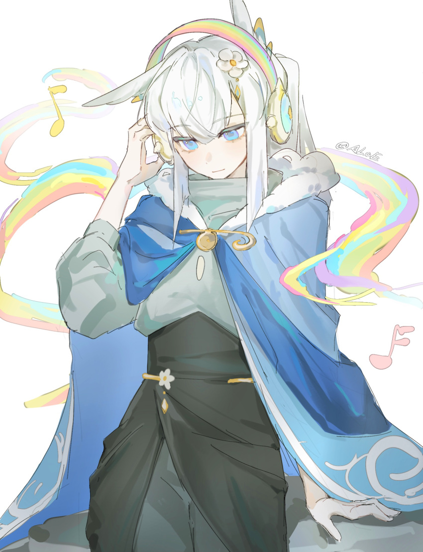 1girl, aloe0421, blue_eyes, flower, grey_hair, hair_flower, hair_ornament, headphones