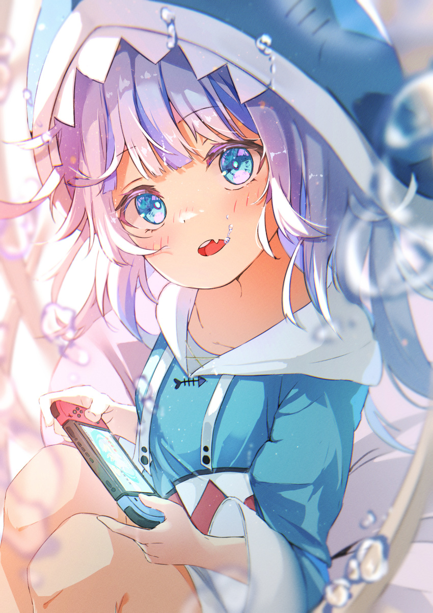 1girl, absurdres, animal_hood, bangs, blue_eyes, blue_hair, blush, collarbone, fang, gawr_gura, haru_(watari0131), highres, hololive, hololive_english, hood, knees_up, multicolored_hair, nintendo_switch, open_mouth, playing_games, shark_hood, sitting, skin_fang, solo, streaked_hair, teeth, upper_teeth, water_drop, white_hair