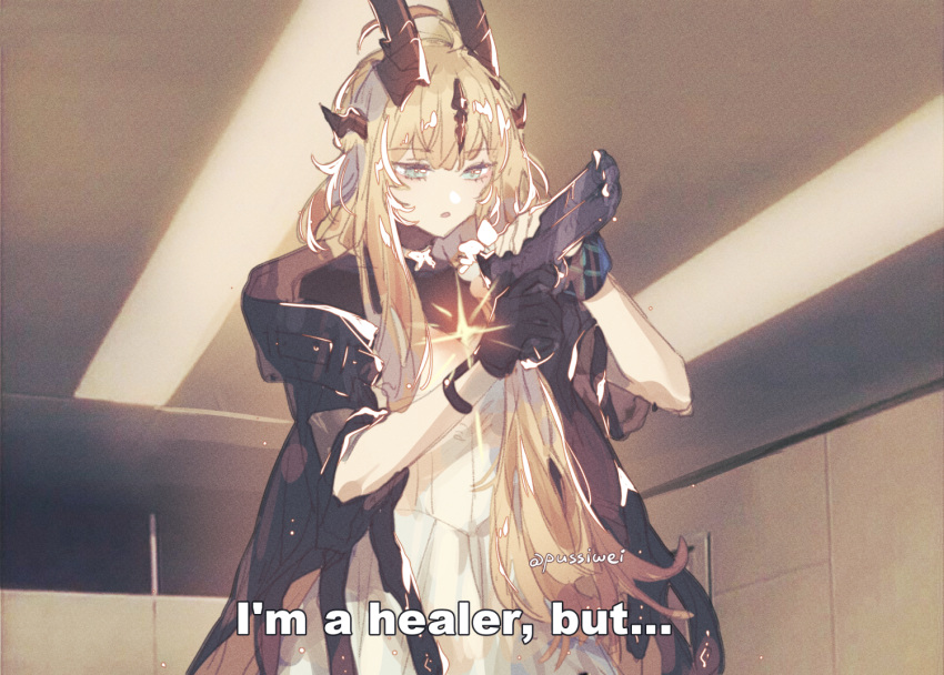 ahoge, arknights, black_gloves, black_jacket, blonde_hair, dragon_horns, dress, gloves