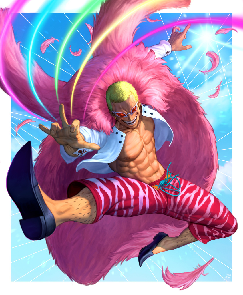 1boy, absurdres, black_footwear, blonde_hair, blue_sky, caroline_gariba, coat, donquixote_doflamingo, feather_coat, feathers, flying, highres, leg_hair, male_focus, multicolored_clothes, muscular, muscular_male, navel, one_piece, open_clothes, open_mouth, pink_coat, shirt, short_hair, sky, smile, sunglasses, sunlight, teeth, thread, white_shirt