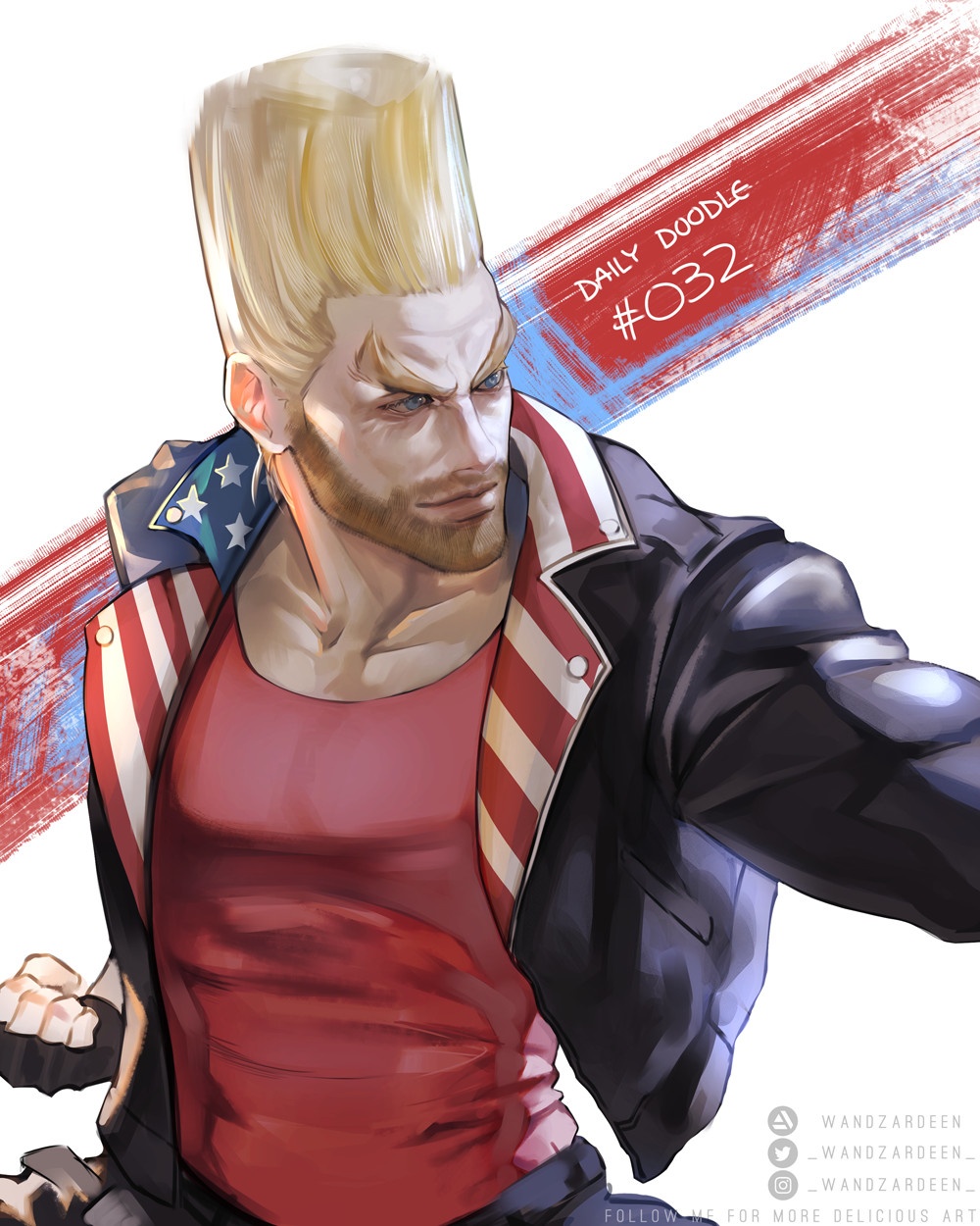 1boy, american_flag, american_flag_print, artist_name, black_gloves, black_jacket, blonde_hair, blue_eyes
