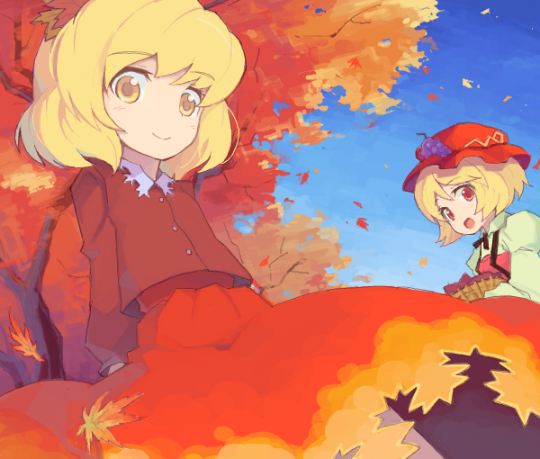 2girls, :d, aki_minoriko, aki_shizuha, autumn, autumn_leaves, bad_drawr_id, bad_id
