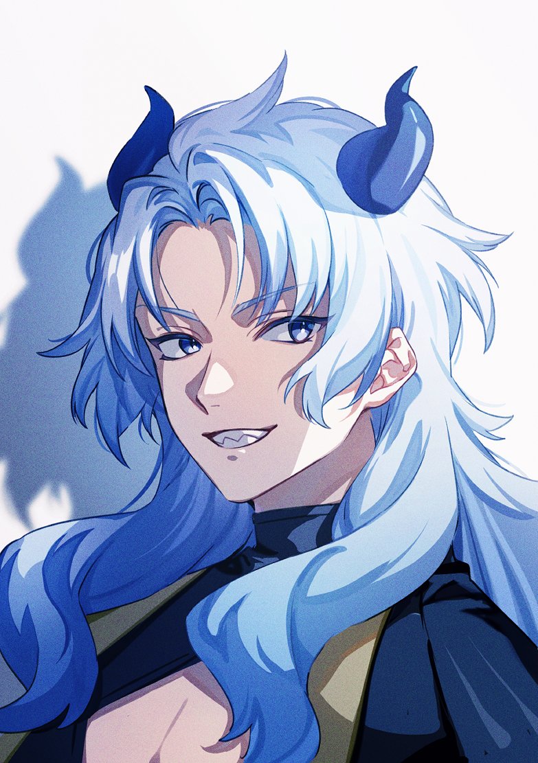 1boy, bangs, black_shirt, blue_eyes, blue_hair, cleavage_cutout, clothing_cutout, grin, hajimari_no_kioku, horns, light_blue_hair, long_hair, looking_at_viewer, male_focus, nokachoco114, parted_bangs, pectoral_cleavage, pectorals, shadow, sharp_teeth, shirt, simple_background, smile, solo, stridon, teeth, turtleneck, upper_body, white_background