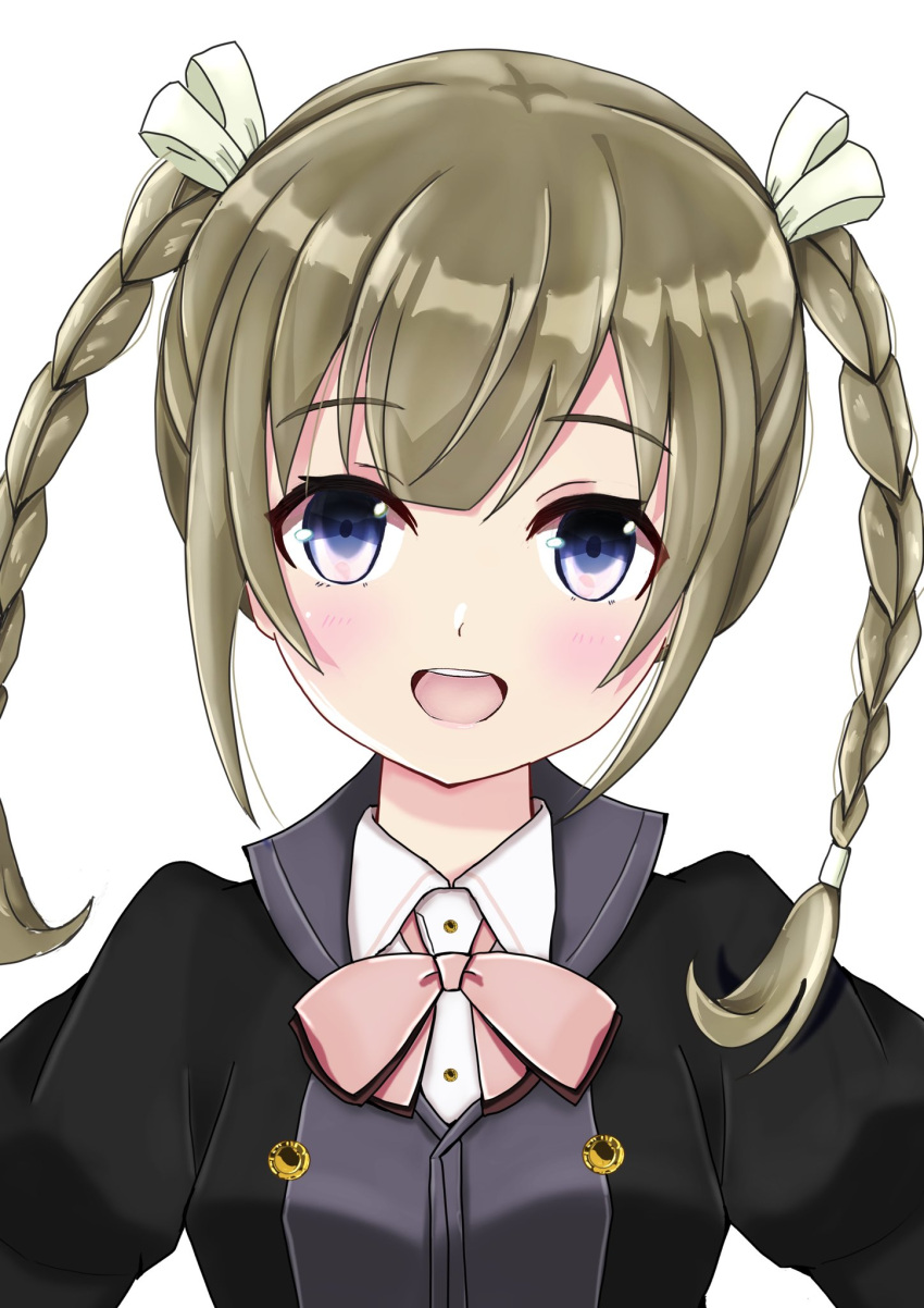 1girl, :d, assault_lily, bangs, black_jacket, blunt_bangs, blush, bow