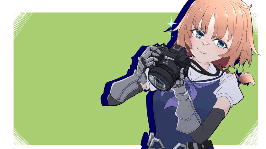 1girl, assault_lily, bangs, black_gloves, blue_eyes, blue_shirt, border, braid, braided_ponytail, camera, canon_(company), closed_mouth, commentary_request, commission, drop_shadow, elbow_gloves, futagawa_fumi, gauntlets, gloves, green_background, hair_tie, hands_up, holding, holding_camera, light_blush, long_hair, looking_at_viewer, low_ponytail, neckerchief, nu2_(nunonijou), official_alternate_costume, orange_hair, outside_border, puffy_short_sleeves, puffy_sleeves, purple_neckerchief, sailor_collar, shirt, short_sleeves, single-lens_reflex_camera, single_braid, skeb_commission, smirk, smug, solo, sparkle, upper_body, v-shaped_eyebrows, white_border, white_sailor_collar