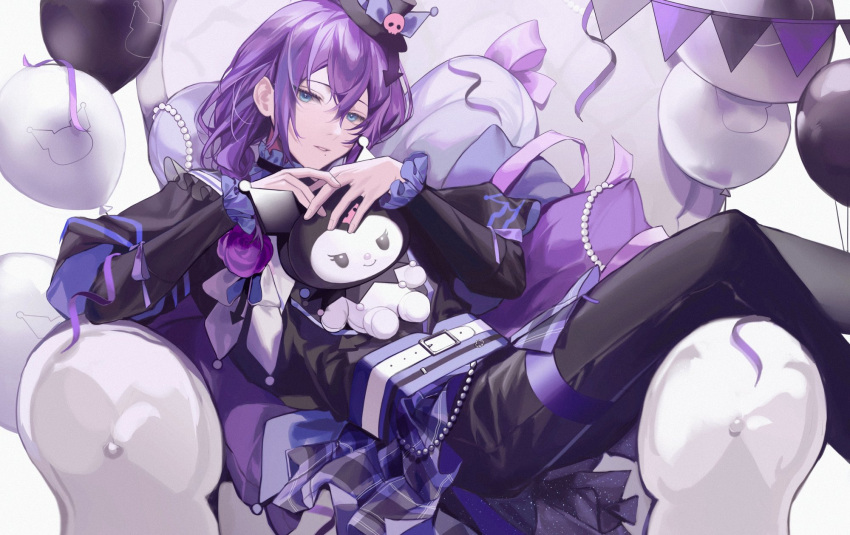 1boy, ayase_mayoi, balloon, bangs, bishounen, braid, chair, crossed_arms, crossed_bangs, ensemble_stars!, flower, frilled_sleeves, frills, gem, green_eyes, hair_between_eyes, hat, highres, jewelry, kuromi, long_hair, long_sleeves, looking_at_viewer, lying, male_focus, necklace, paper_chain, pearl_(gemstone), pearl_necklace, purple_flower, purple_hair, purple_ribbon, purple_rose, ribbon, rose, smile, solo, to_e