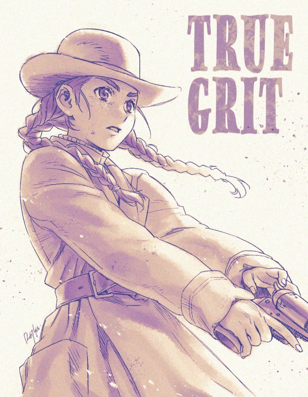 1girl, animification, belt, braid, copyright_name, cowboy_hat, cowboy_western, floating_hair