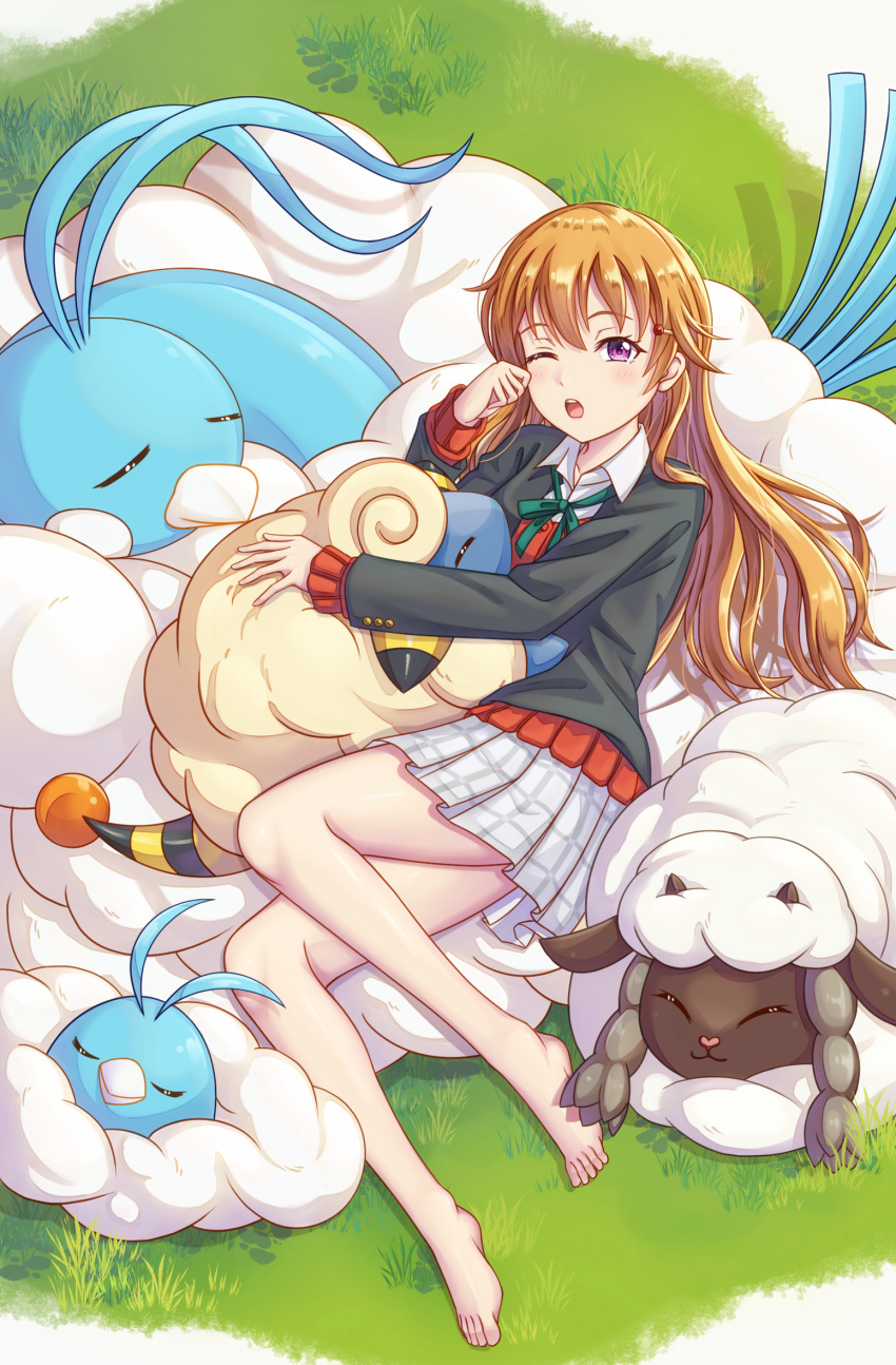 1girl, altaria, bangs, barefoot, birthday, blush, closed_eyes, commentary