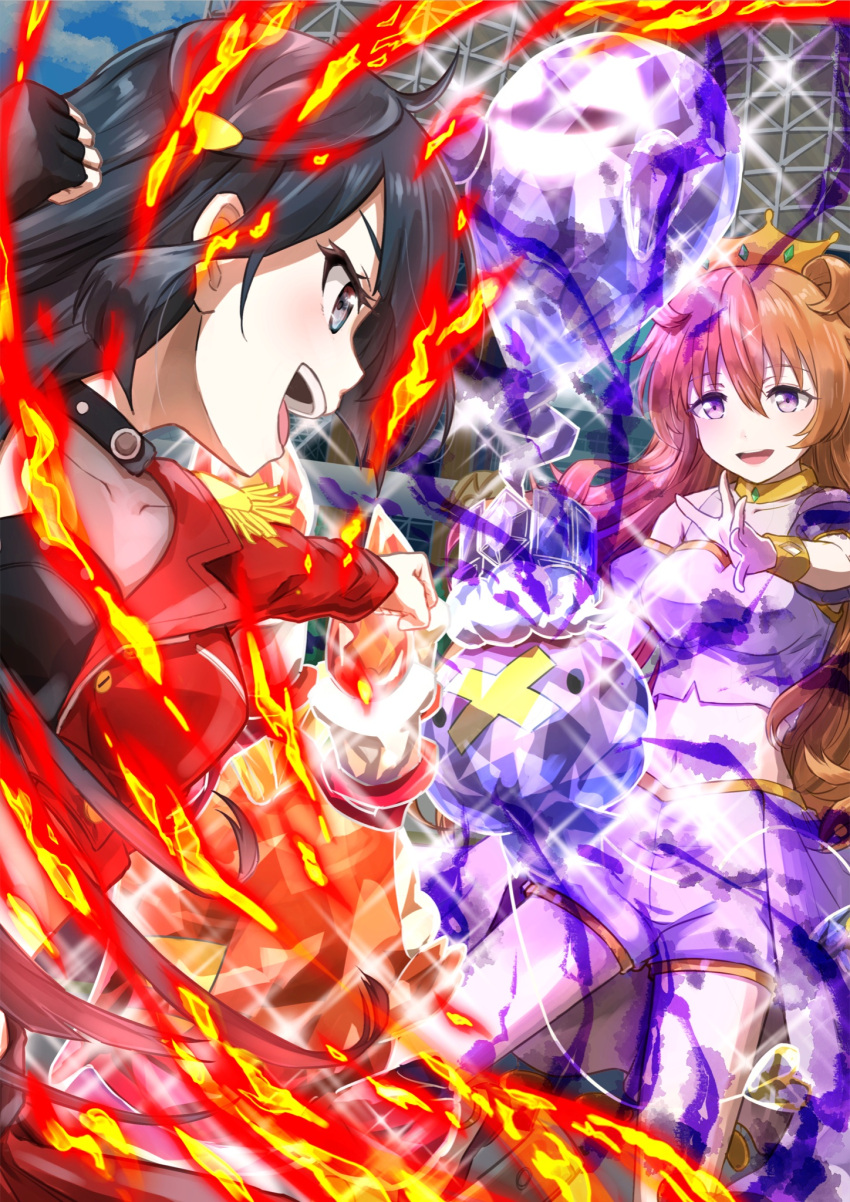 2girls, bangs, black_hair, bracelet, butterfly_(love_live!), collarbone, dive!_(love_live!), fire