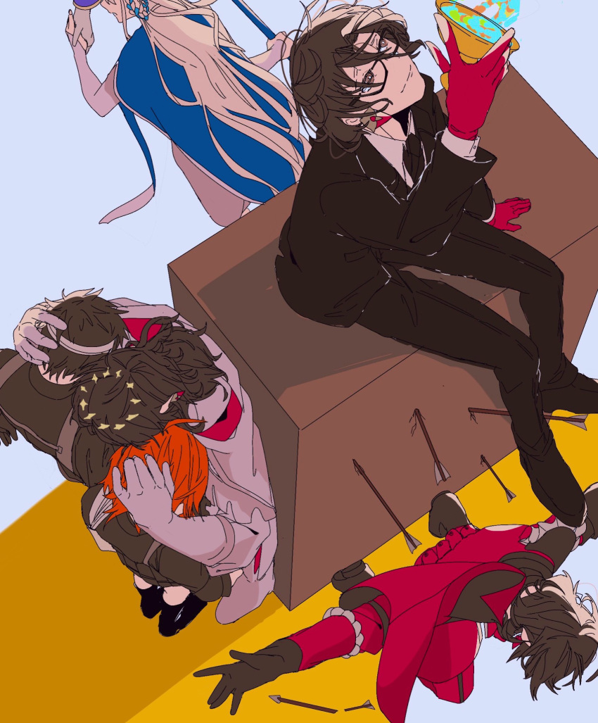 2girls, 4boys, arrow_(projectile), bandaged_arm, bandaged_head, bandages, black_footwear, black_gloves