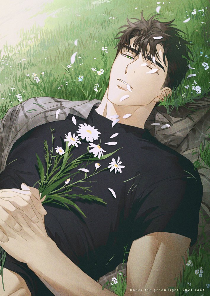 1boy, artist_name, black_shirt, brown_hair, copyright_name, daisy, flannel, flower, green_eyes, holding, holding_flower, jaxx_s2, looking_at_viewer, matthew_raynor, muscular, muscular_male, on_grass, one_eye_closed, petals, shirt, solo, under_the_greenlight, white_flower