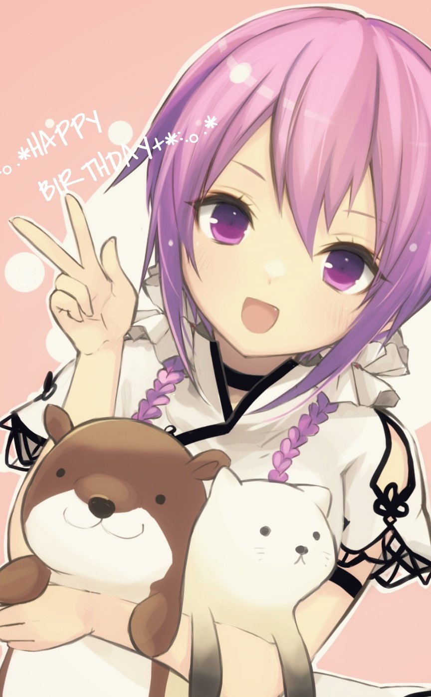 1girl, :d, arm_strap, assault_lily, bangs, black_choker, braid, choker, clothing_cutout, commentary, dutch_angle, fang, flower_knot, hair_between_eyes, hair_ornament, hair_scrunchie, hands_up, happy_birthday, highres, holding, holding_stuffed_toy, hotaru_(ultraroly_poly), light_blush, looking_at_viewer, low_twintails, open_mouth, pink_background, purple_hair, scrunchie, shirt, short_sleeves, shoulder_cutout, smile, solo, stuffed_animal, stuffed_otter, stuffed_toy, twin_braids, twintails, two-tone_background, upper_body, violet_eyes, w, wang_lifen, white_background, white_scrunchie, white_shirt