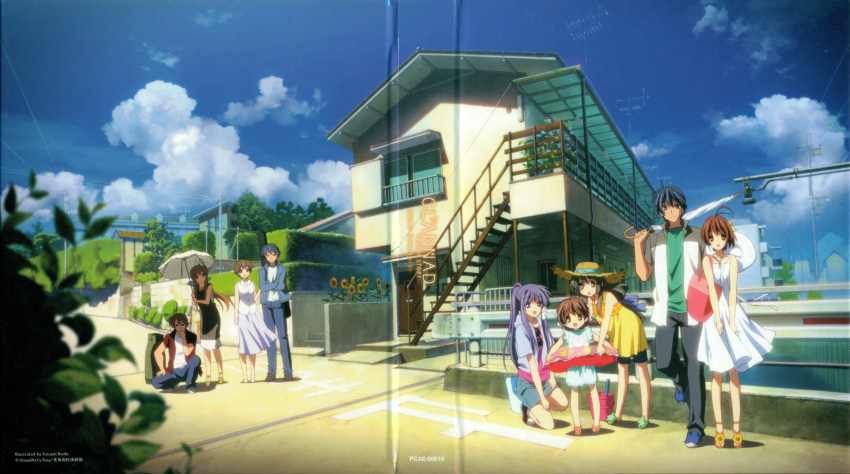 3boys, 6+girls, apartment, blue_sky, building, clannad, clannad_after_story, dvd_cover
