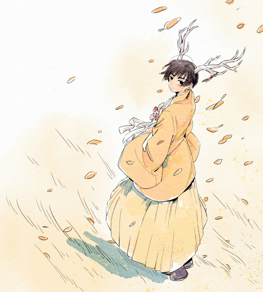 1boy, antlers, autumn, autumn_leaves, axis_powers_hetalia, bangs, black_hair, bowl_cut