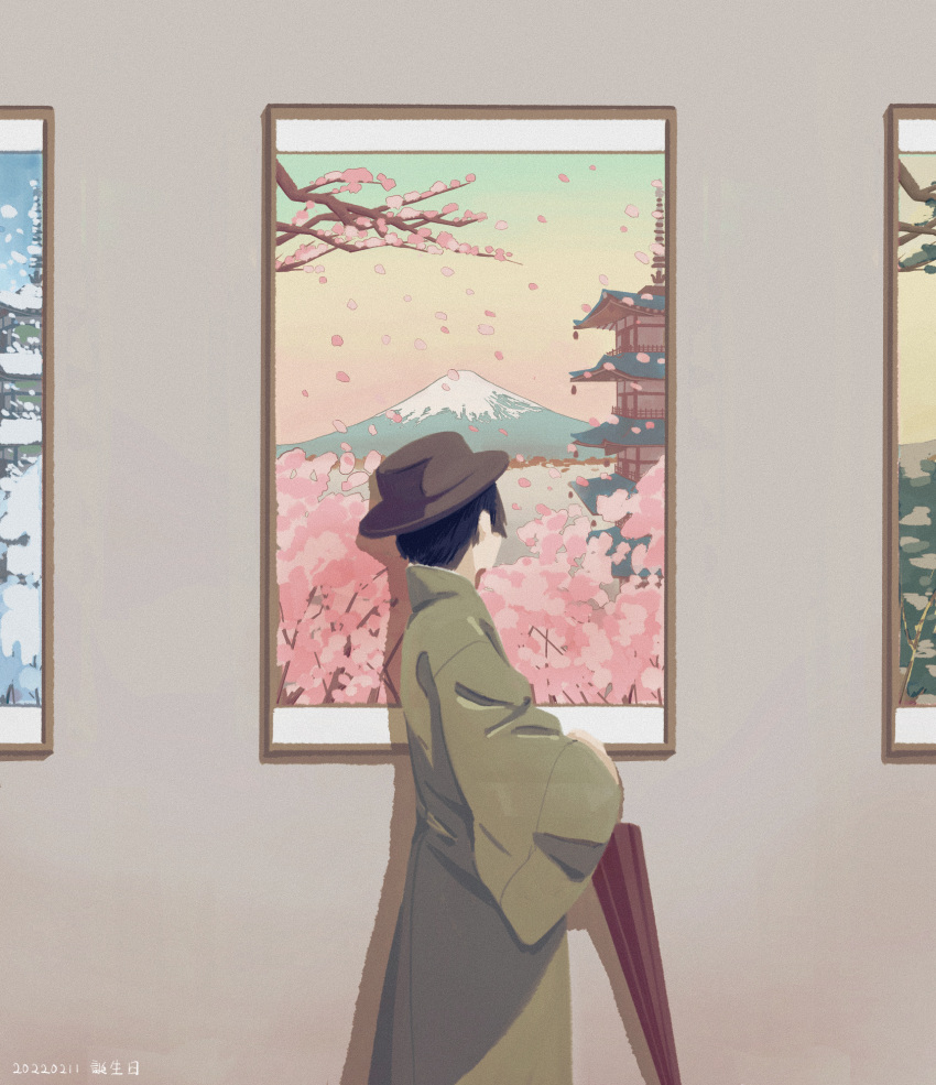 absurdres, axis_powers_hetalia, bangs, black_hair, cherry_blossoms, closed_umbrella, coat, cowboy_shot