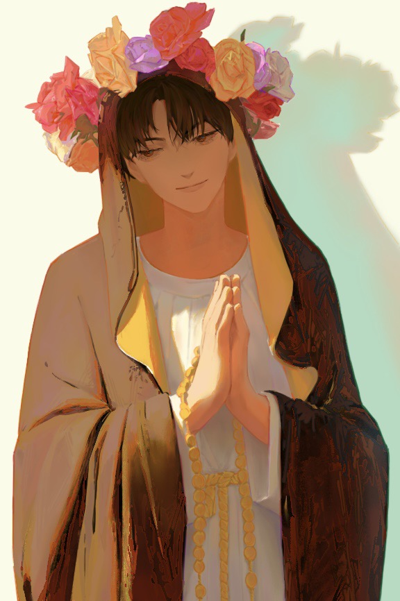 1boy, bangs, beads, black_hair, black_veil, brown_eyes, chinese_commentary, commentary_request