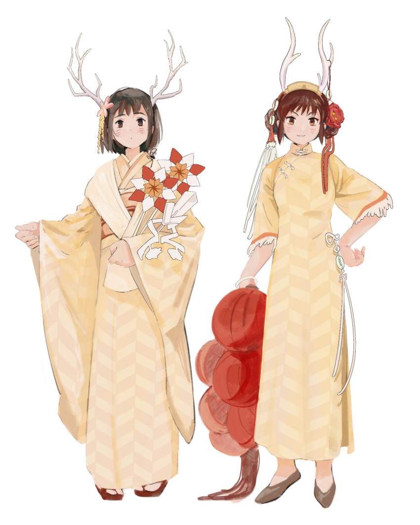 2girls, absurdres, antlers, axis_powers_hetalia, bangle, bangs, black_hair, blush