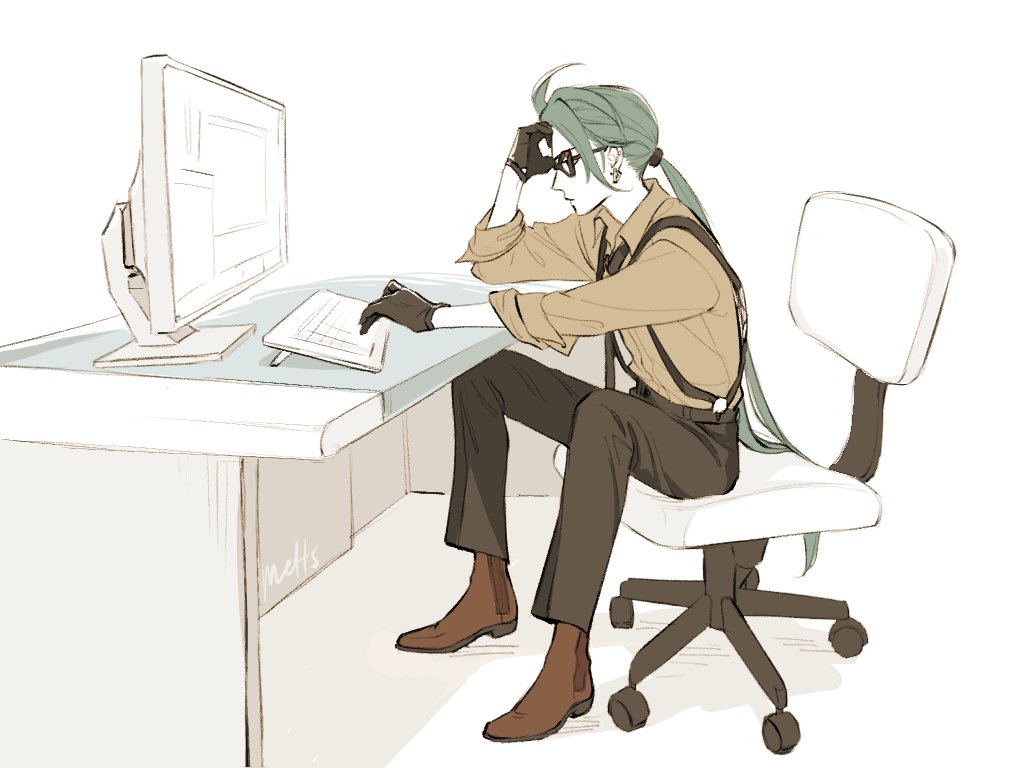 1girl, boots, brown_footwear, chair, commentary, desk, earrings, english_commentary