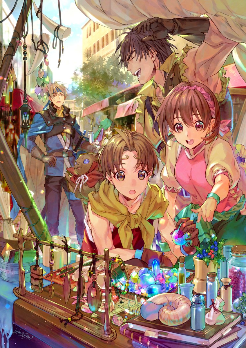 black_hair, brown_hair, excited, flik_(gensou_suikoden), gensou_suikoden, gensou_suikoden_ii, highres, ichiko_milk_tei, muscular, muscular_male, nanami_(suikoden), open_mouth, outdoors, riou_(gensou_suikoden), short_hair, smile, viktor_(gensou_suikoden)