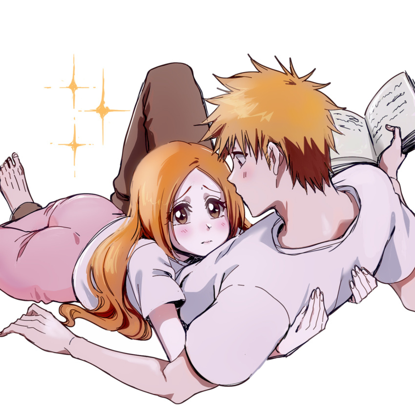 1boy, 1girl, barefoot, bleach, blush, book, brown_eyes, brown_pants