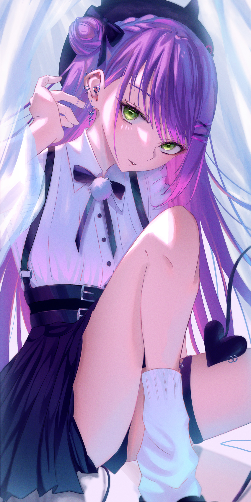 1girl, absurdres, aster_(teslavision), bangs, black_bow, black_headwear, black_ribbon, black_skirt