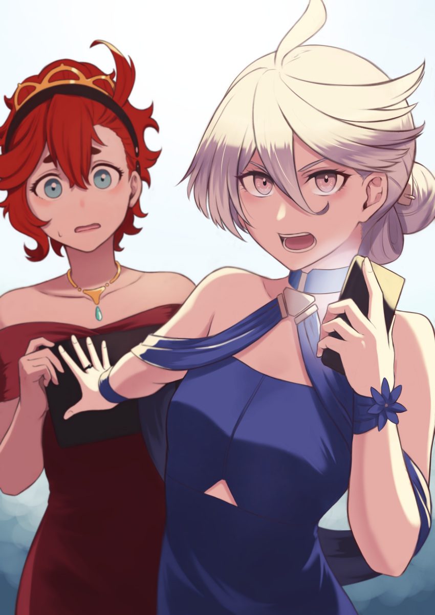 2girls, :d, absurdres, aqua_gemstone, bangs, blue_choker, blue_dress, blue_eyes, choker, collarbone, dress, grey_eyes, gundam, gundam_suisei_no_majo, hair_between_eyes, highres, looking_at_viewer, miorine_rembran, multiple_girls, off-shoulder_dress, off_shoulder, open_mouth, red_dress, redhead, row_(kentaro_0904), short_hair, smile, standing, suletta_mercury, white_background, white_hair