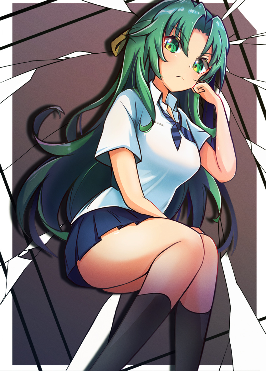 1girl, bangs, black_socks, blue_bow, blue_bowtie, blue_skirt, bow, bowtie, collared_shirt, frown, green_eyes, green_hair, hair_between_eyes, hair_intakes, hair_ribbon, highres, higurashi_no_naku_koro_ni, long_hair, looking_at_viewer, miniskirt, nadesukos, pleated_skirt, ribbon, school_uniform, shiny, shiny_hair, shirt, short_sleeves, sitting, skirt, socks, solo, sonozaki_shion, st._lucia_academy_school_uniform, striped, striped_bow, striped_bowtie, very_long_hair, white_shirt, wing_collar, yellow_ribbon
