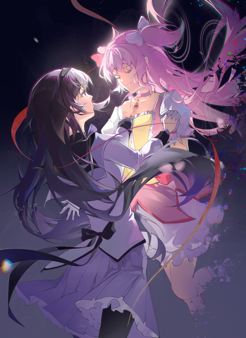 2girls, absurdres, akemi_homura, amukeer, black_hair, black_hairband, blush, bow, choker, closed_eyes, closed_mouth, collarbone, gem, gloves, hair_bow, hairband, highres, holding_hands, interlocked_fingers, kaname_madoka, long_hair, long_sleeves, looking_at_another, mahou_shoujo_madoka_magica, miniskirt, multiple_girls, pink_choker, pink_hair, pleated_skirt, profile, purple_skirt, red_gemstone, shirt, short_sleeves, skirt, smile, very_long_hair, white_bow, white_gloves, white_shirt, white_skirt, white_sleeves