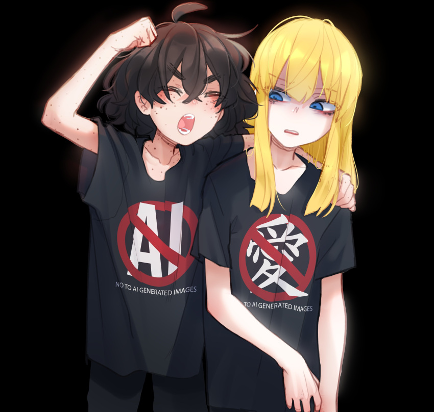 2girls, absurdres, ahoge, ai-generated_art_(topic), arm_up, bangs, black_pants, black_shirt