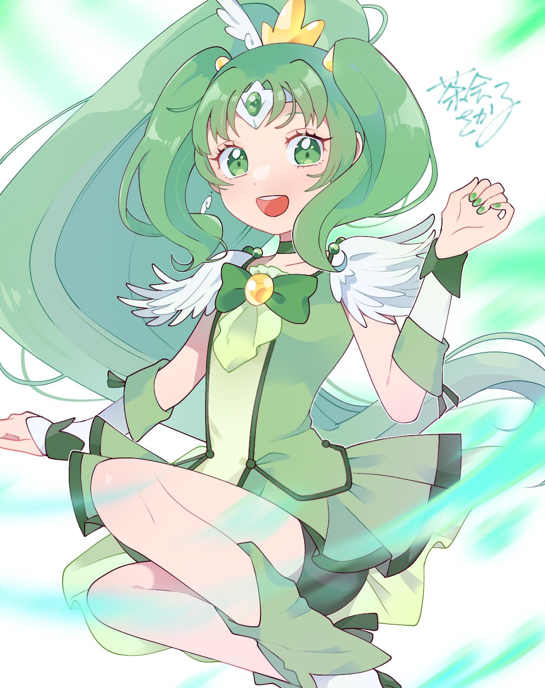 1girl, bangs, bike_shorts_under_skirt, bow, chakai_sakako, choker, commentary, cure_march, earrings, feather_sleeves, green_bow, green_choker, green_eyes, green_nails, green_theme, highres, jewelry, long_hair, midorikawa_nao, open_mouth, parted_bangs, precure, smile, smile_precure!, solo, tri_tails