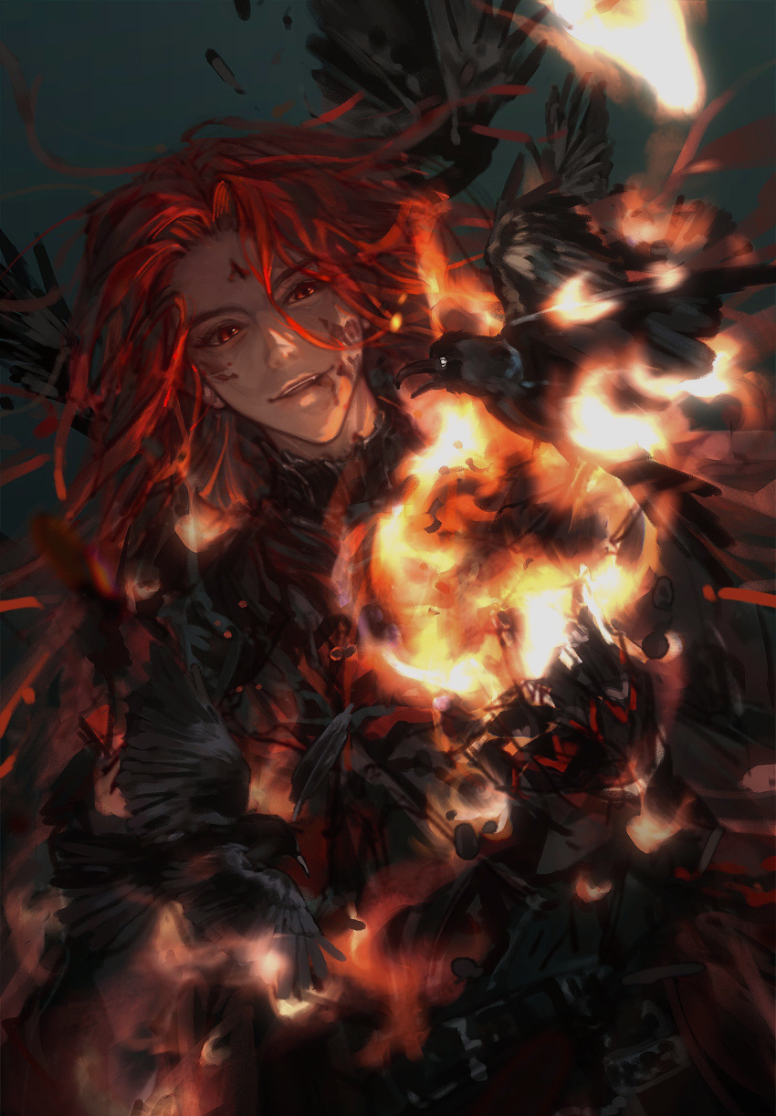 1boy, 2195305919, angel, arm_up, armor, bangs, bird, black_armor