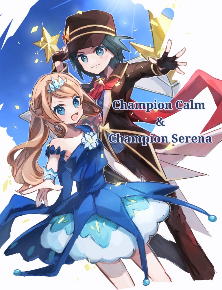 1boy, 1girl, :d, armlet, black_gloves, blue_dress, blue_eyes, brown_headwear