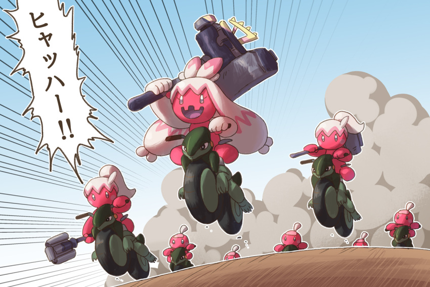 :d, commentary_request, cyclizar, evolutionary_line, eyelashes, grey_eyes, hammer, holding, holding_hammer, mochi10bi, no_humans, open_mouth, pokemon, pokemon_(creature), riding, riding_pokemon, smile, smoke, tinkatink, tinkaton, tinkatuff, tongue, translation_request