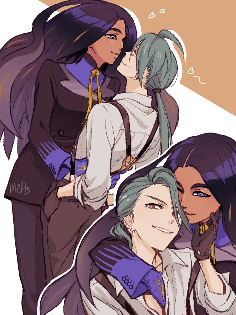 2girls, bangs, bright_pupils, buttons, closed_mouth, collared_shirt, commentary_request, dark-skinned_female