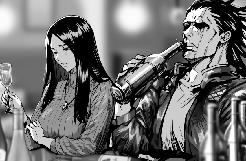 1boy, 1girl, alcohol, bangs, bar_(place), bleach, blurry, blurry_background