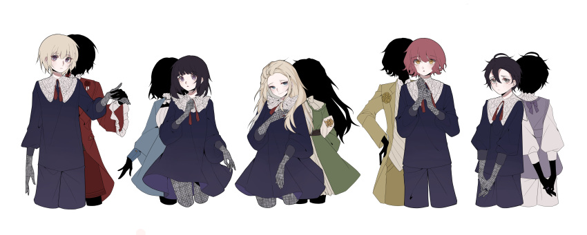 4girls, 6+boys, absurdres, black_hair, black_skin, blonde_hair, blue_dress, blue_eyes