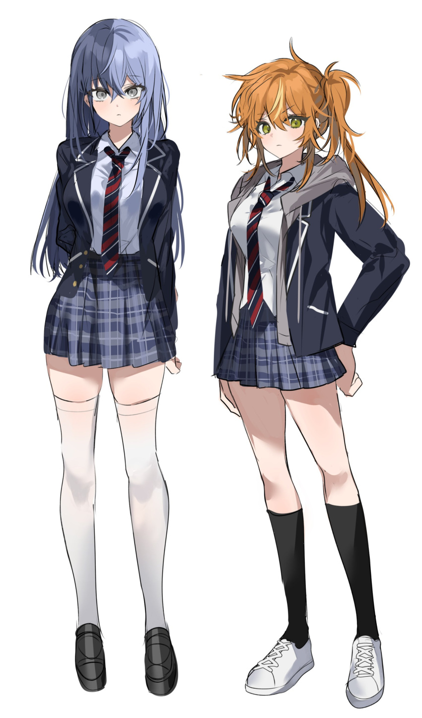 2girls, absurdres, aoyagi_touya, black_footwear, black_socks, blazer, blonde_hair, blue_hair, blue_skirt, breasts, chu_yeon, diagonal-striped_necktie, full_body, genderswap, genderswap_(mtf), green_eyes, grey_eyes, grey_jacket, highres, jacket, kamiyama_high_school_uniform_(project_sekai), large_breasts, loafers, long_hair, long_sleeves, looking_at_viewer, multicolored_hair, multiple_girls, open_clothes, open_jacket, orange_hair, plaid, plaid_skirt, pleated_skirt, project_sekai, school_uniform, shinonome_akito, shirt, shirt_tucked_in, shoes, side_ponytail, skirt, sneakers, socks, split-color_hair, streaked_hair, thigh-highs, very_long_hair, white_footwear, white_shirt, white_thighhighs
