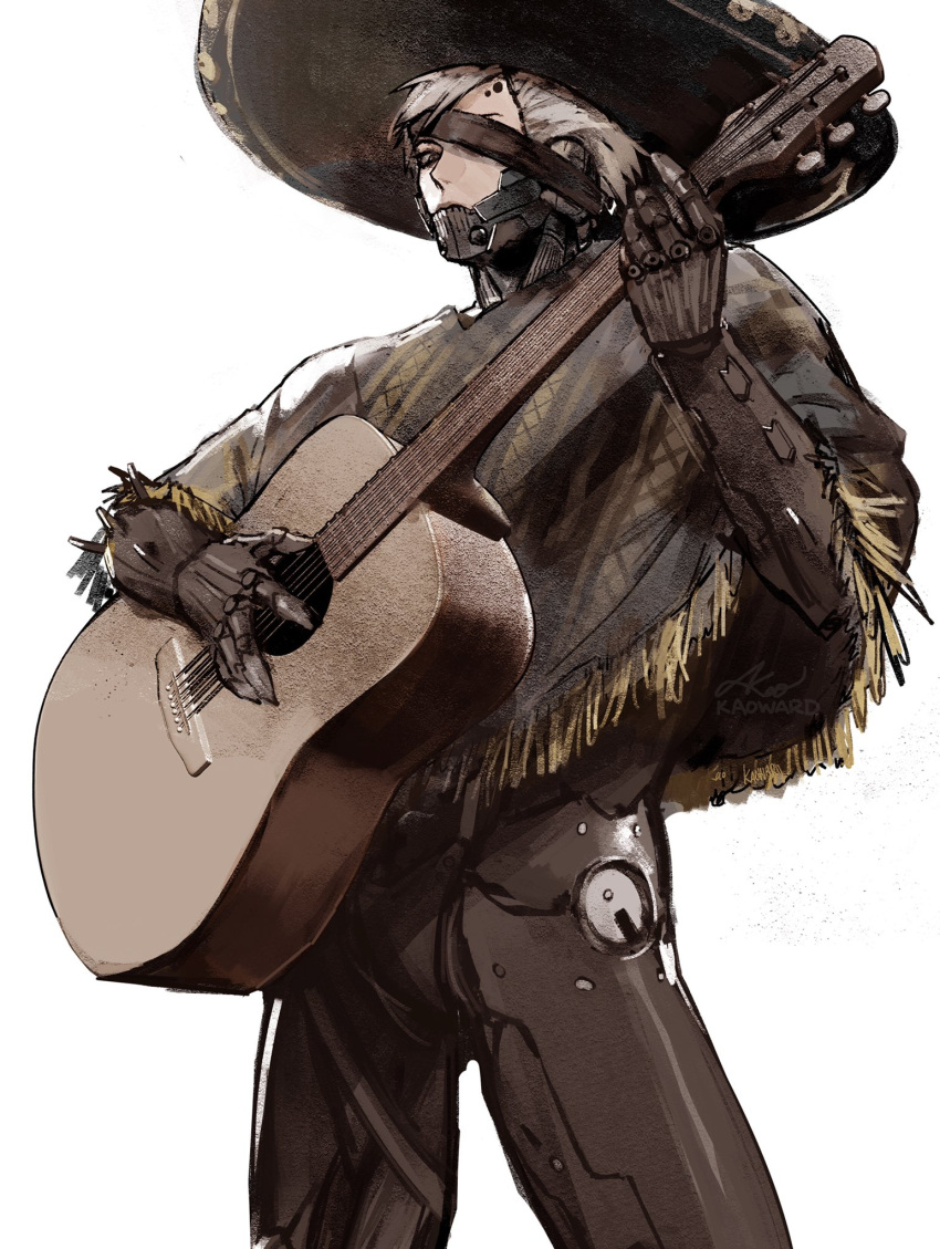 1boy, black_headwear, cyborg, eyepatch, guitar, hat, highres, holding