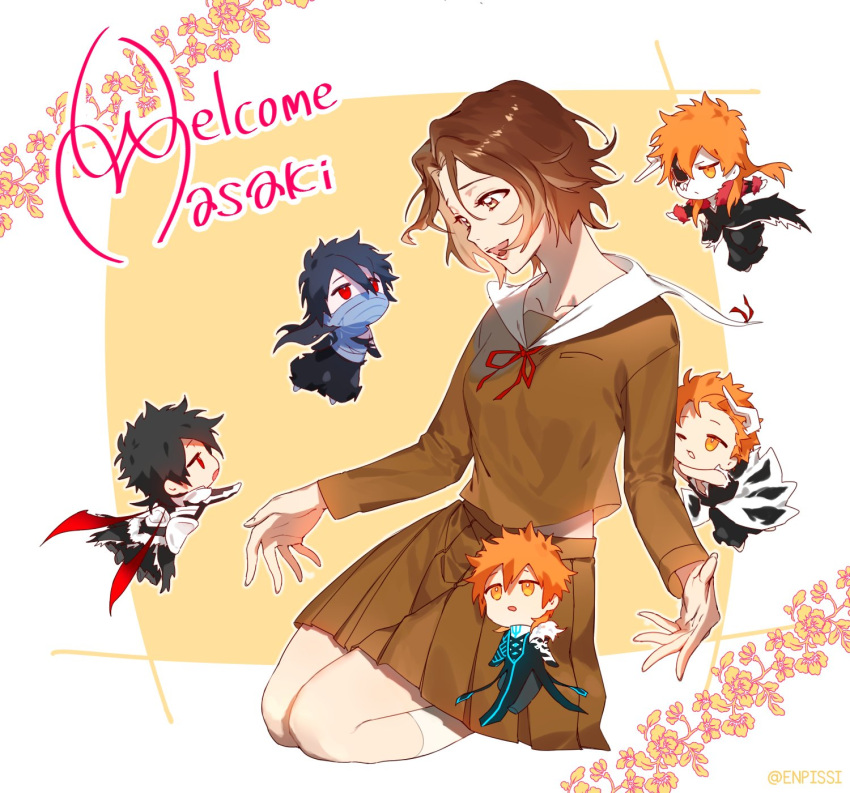 1girl, 5boys, black_hair, bleach, brown_eyes, brown_hair, brown_shirt, brown_skirt