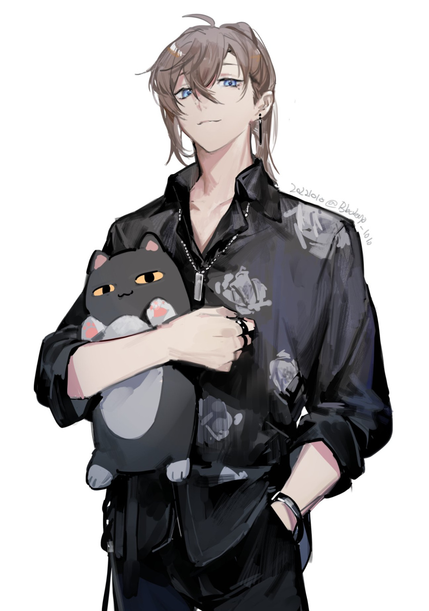 1boy, ahoge, bangs, black_pants, black_shirt, blue_eyes, bokyo, bracelet, brown_hair, clenched_hand, closed_mouth, collared_shirt, cowboy_shot, dated, earrings, hand_in_pocket, highres, holding, holding_stuffed_toy, jewelry, looking_at_viewer, male_focus, mole, mole_under_eye, necklace, nijisanji, pants, ponytail, ring, roto_(kanae), shirt, simple_background, sleeves_pushed_up, solo, stuffed_toy, twitter_username, virtual_youtuber, white_background