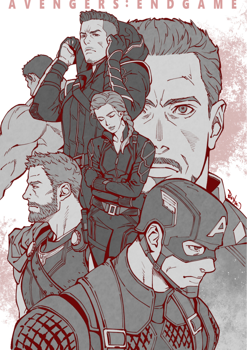 1girl, 5boys, animification, avengers_(series), black_widow, bruce_banner, captain_america, clint_barton