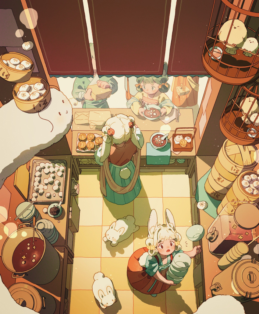 1boy, 4girls, absurdres, animal, animal_ear_fluff, animal_ears, bamboo_steamer, bangs