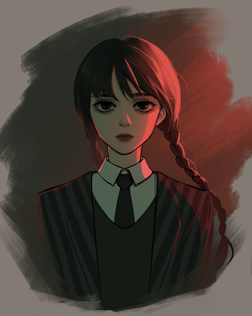 1girl, absurdres, addams_family, animification, black_coat, black_eyes, black_hair, black_necktie, black_vest, braid, closed_mouth, coat, dbr_(dbruuu9), expressionless, highres, lipstick, looking_at_viewer, makeup, necktie, nevermore_academy_school_uniform, open_clothes, open_coat, school_uniform, shirt, solo, striped_coat, twin_braids, upper_body, vest, wednesday_(netflix), wednesday_addams, white_shirt