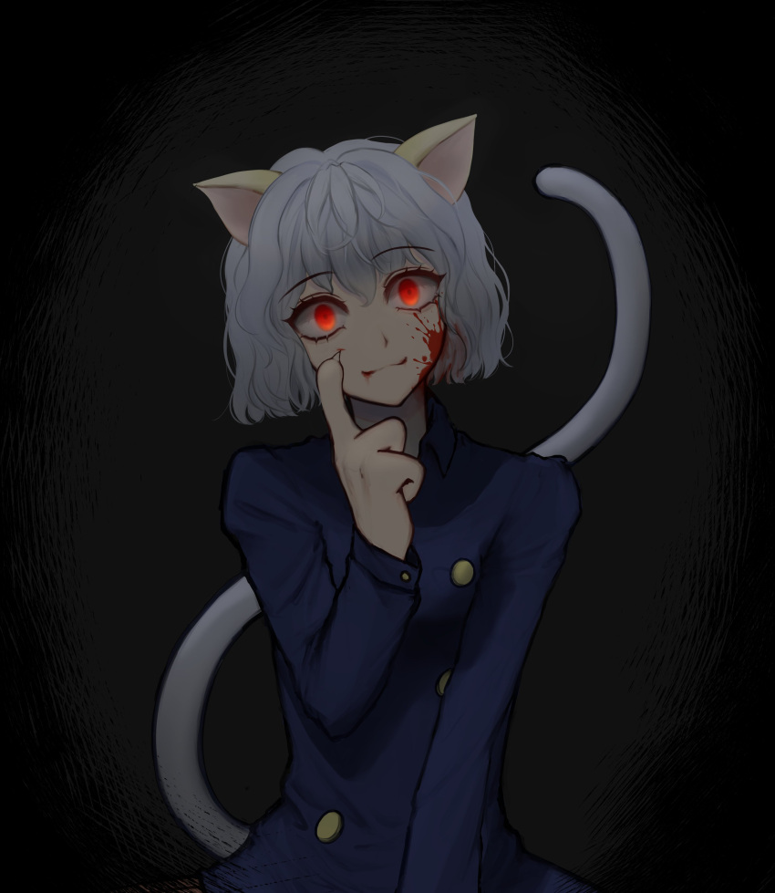 1other, :3, absurdres, animal_ears, animal_hands, blood, blood_splatter, blue_shirt
