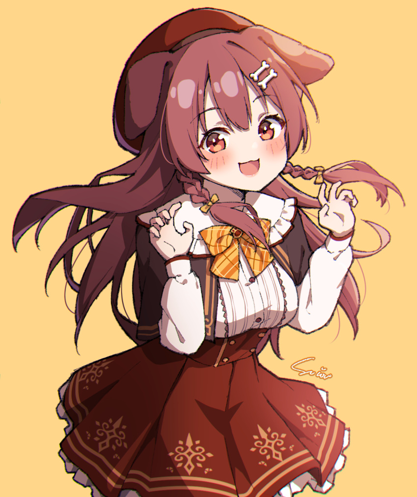 1girl, :3, animal_ears, artist_name, beret, blush, bone_hair_ornament, bow
